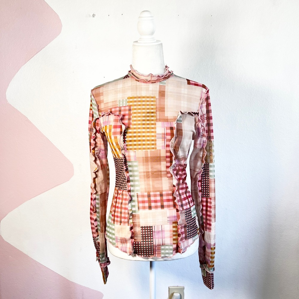 Patchwork Top Mesh Long Sleeve Sz Small‎ Clown Core Boho Indie Artsy